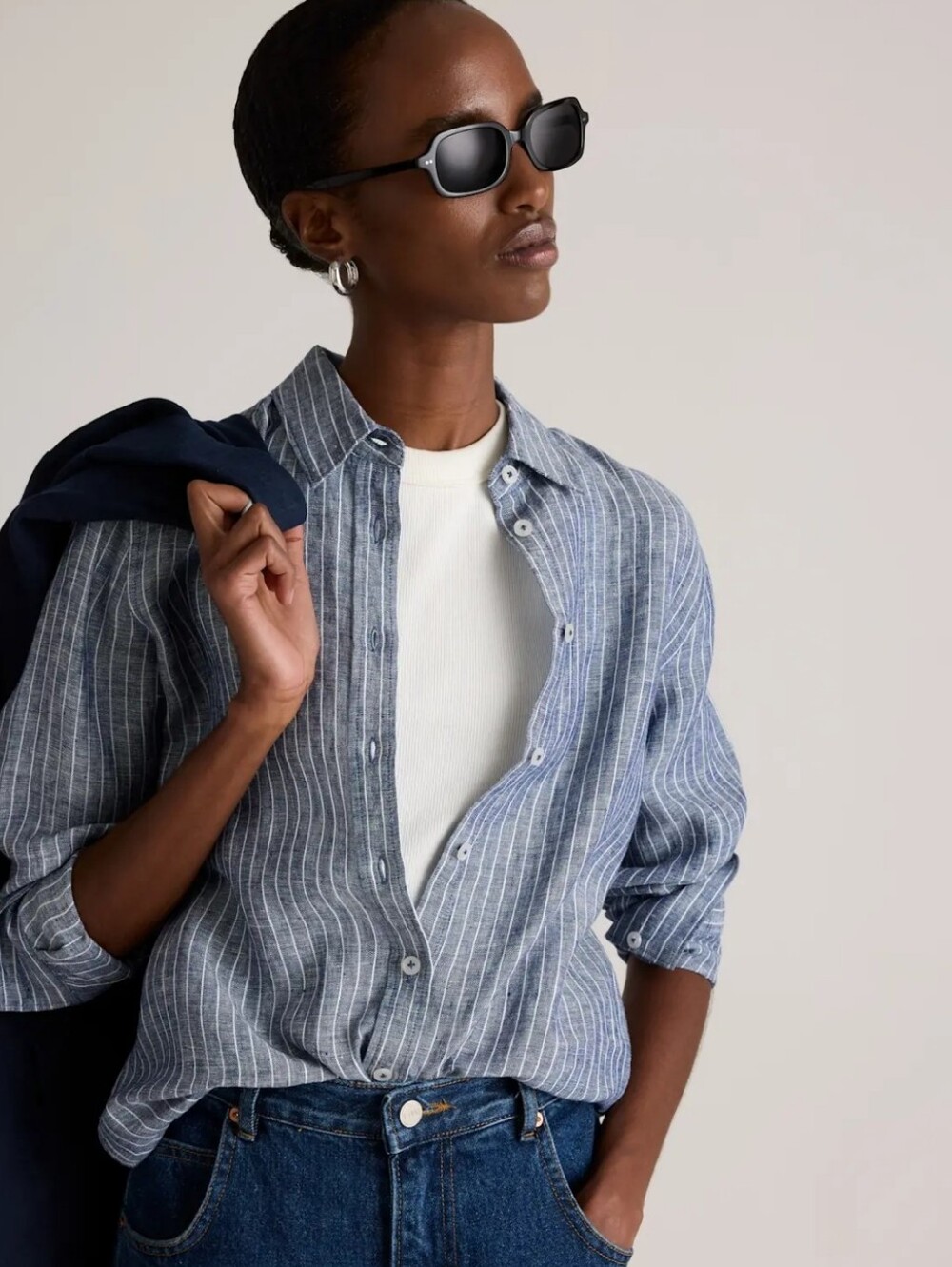 Quince 100% European Linen Chambray Stripe Button Down Shirt Blue S